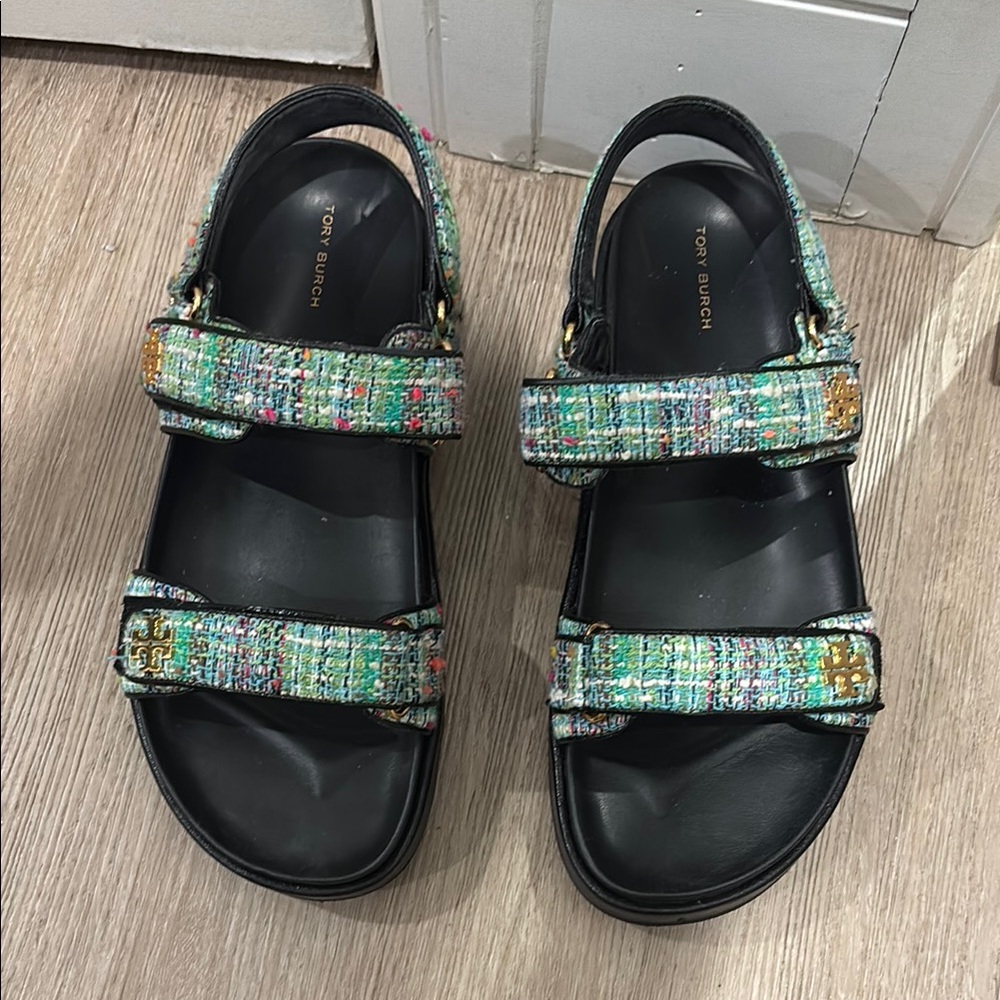 Tory Burch Green Tweed Sandals